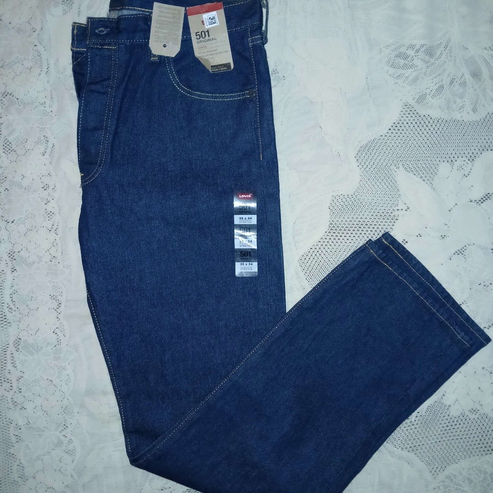 #046 Mens Levi Strauss 501 Original Stretch Blue Jeans Size W/35 L/34 - Picture 16 of 16